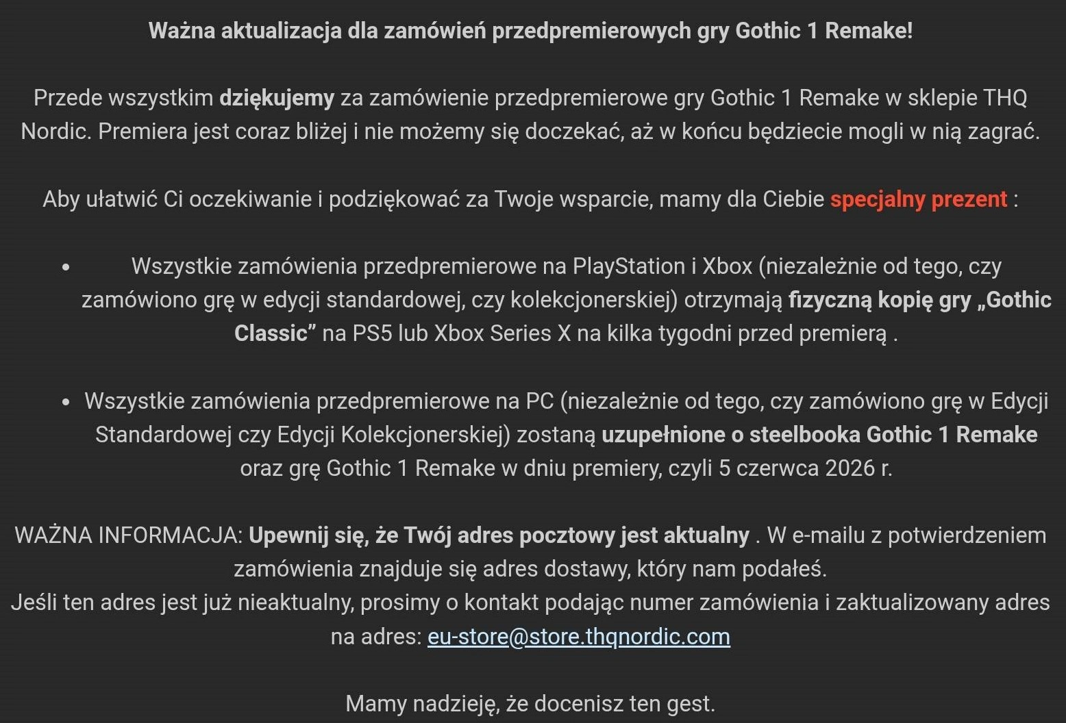 Chcesz klasyczną odsłonę Gothica na konsolę za darmo? Zamów Gothic Remake za granicą 6 GUP info THQStore preorder G1R